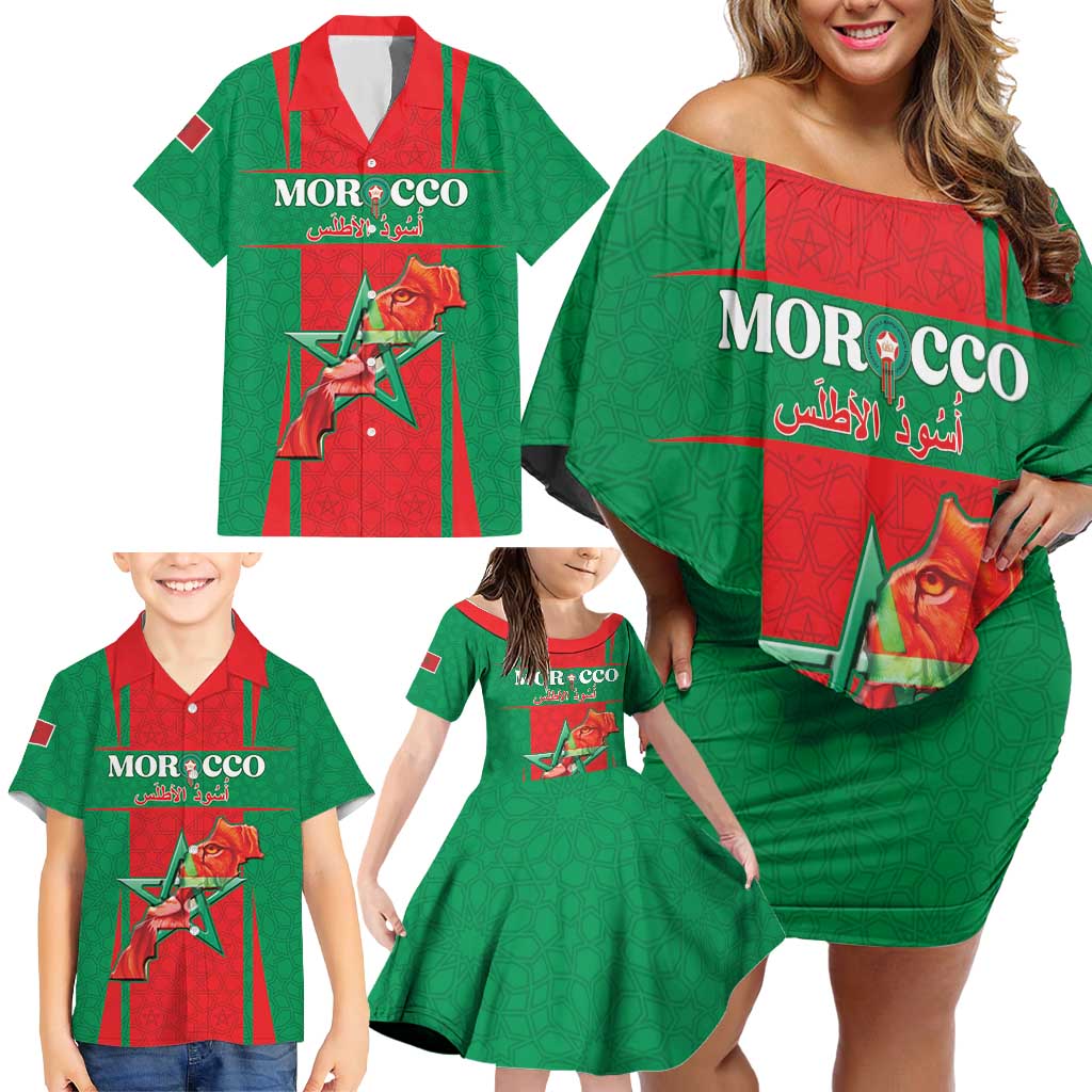 Custom Morocco Football Family Matching Off Shoulder Short Dress and Hawaiian Shirt Go Champions Atlas Lions - Red - Wonder Print Shop