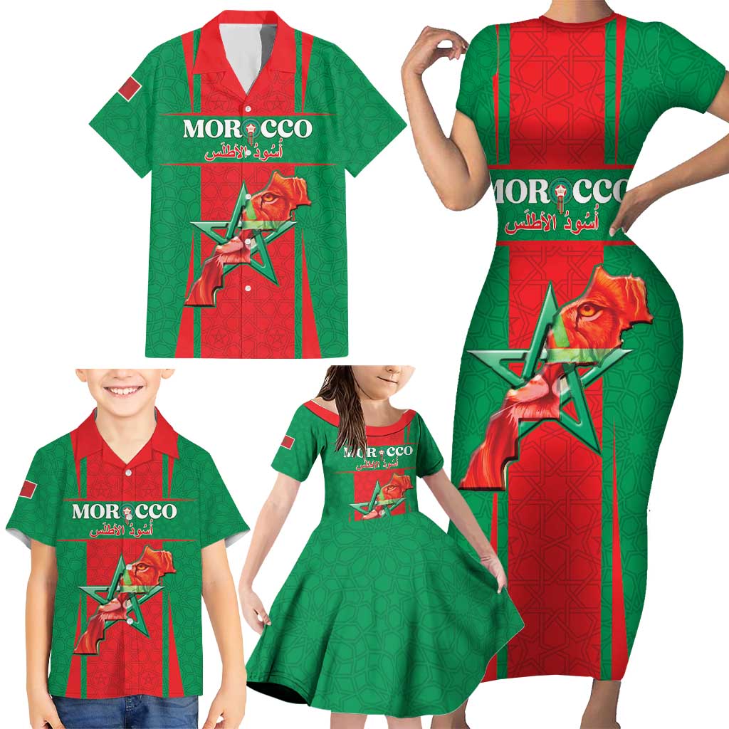 Custom Morocco Football Family Matching Short Sleeve Bodycon Dress and Hawaiian Shirt Go Champions Atlas Lions - Red - Wonder Print Shop