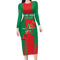 Custom Morocco Football Long Sleeve Bodycon Dress Go Champions Atlas Lions - Red - Wonder Print Shop
