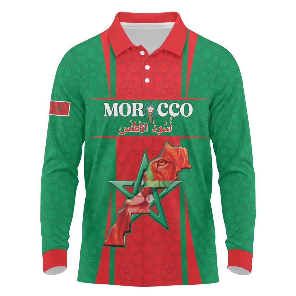 Custom Morocco Football Long Sleeve Polo Shirt Go Champions Atlas Lions - Red - Wonder Print Shop