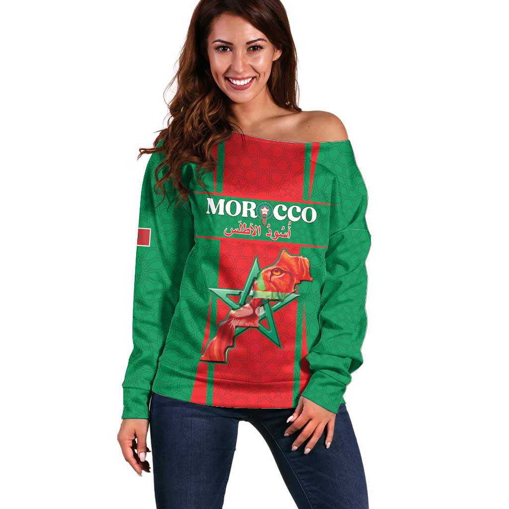 Custom Morocco Football Off Shoulder Sweater Go Champions Atlas Lions - Red - Wonder Print Shop