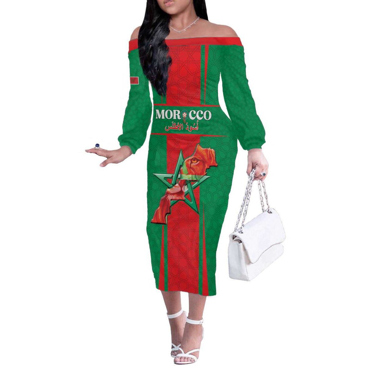 Custom Morocco Football Off The Shoulder Long Sleeve Dress Go Champions Atlas Lions - Red - Wonder Print Shop
