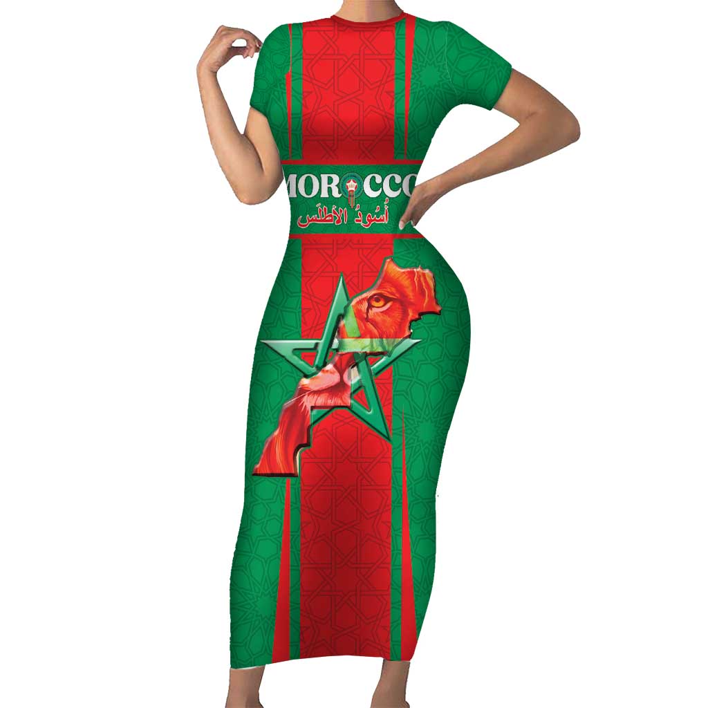 Custom Morocco Football Short Sleeve Bodycon Dress Go Champions Atlas Lions - Red - Wonder Print Shop