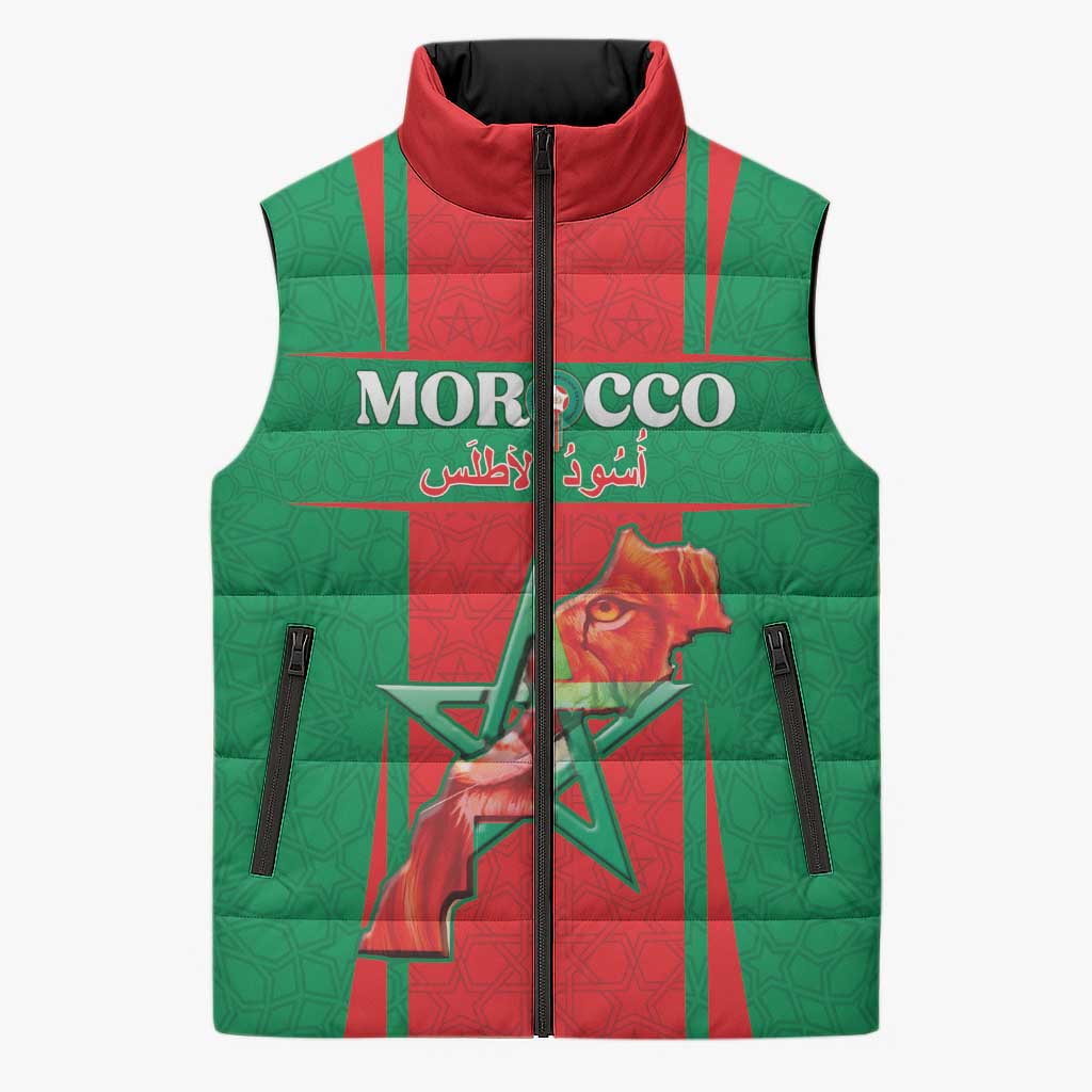 Custom Morocco Football Sleeveless Puffer Jacket Go Champions Atlas Lions - Red - Wonder Print Shop