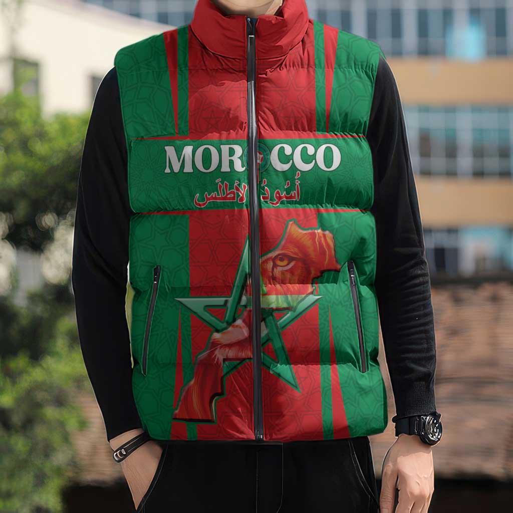 Custom Morocco Football Sleeveless Puffer Jacket Go Champions Atlas Lions - Red - Wonder Print Shop