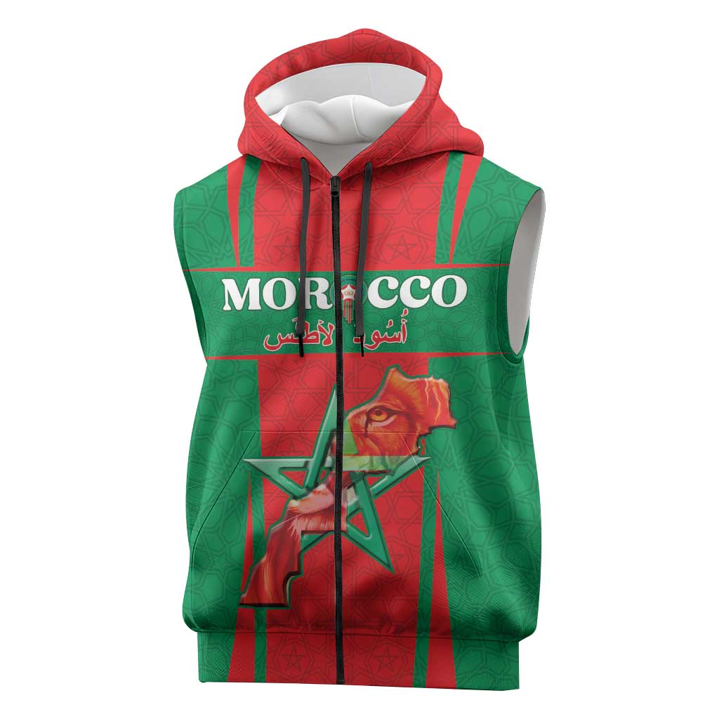 Custom Morocco Football Sleeveless Zip Hoodie Go Champions Atlas Lions - Red - Wonder Print Shop