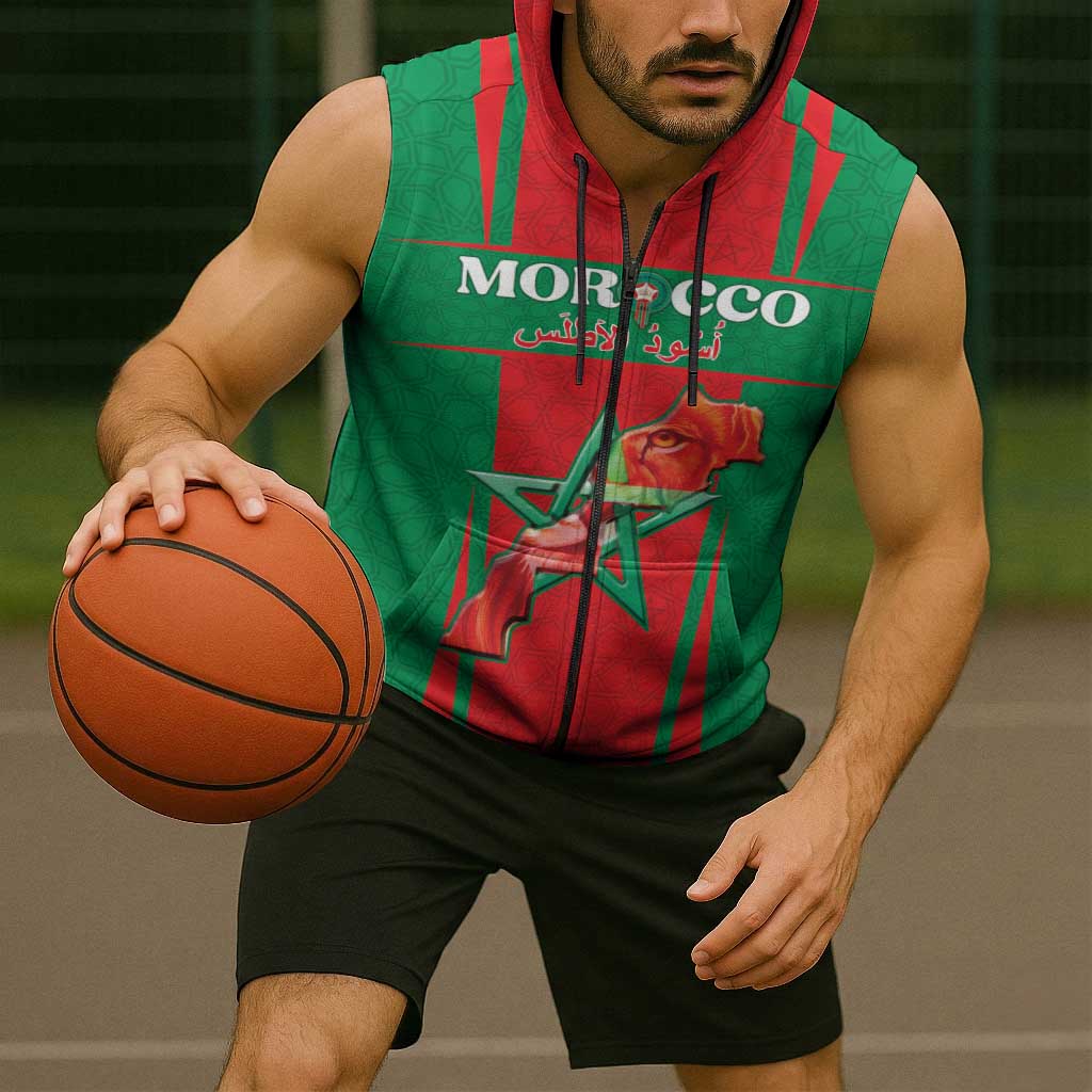 Custom Morocco Football Sleeveless Zip Hoodie Go Champions Atlas Lions - Red - Wonder Print Shop