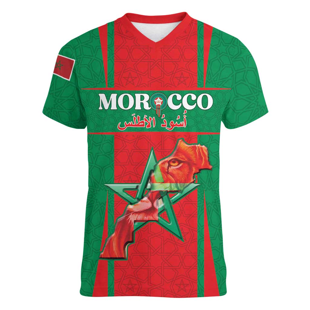 Custom Morocco Football Women V-Neck T-Shirt Go Champions Atlas Lions - Red - Wonder Print Shop