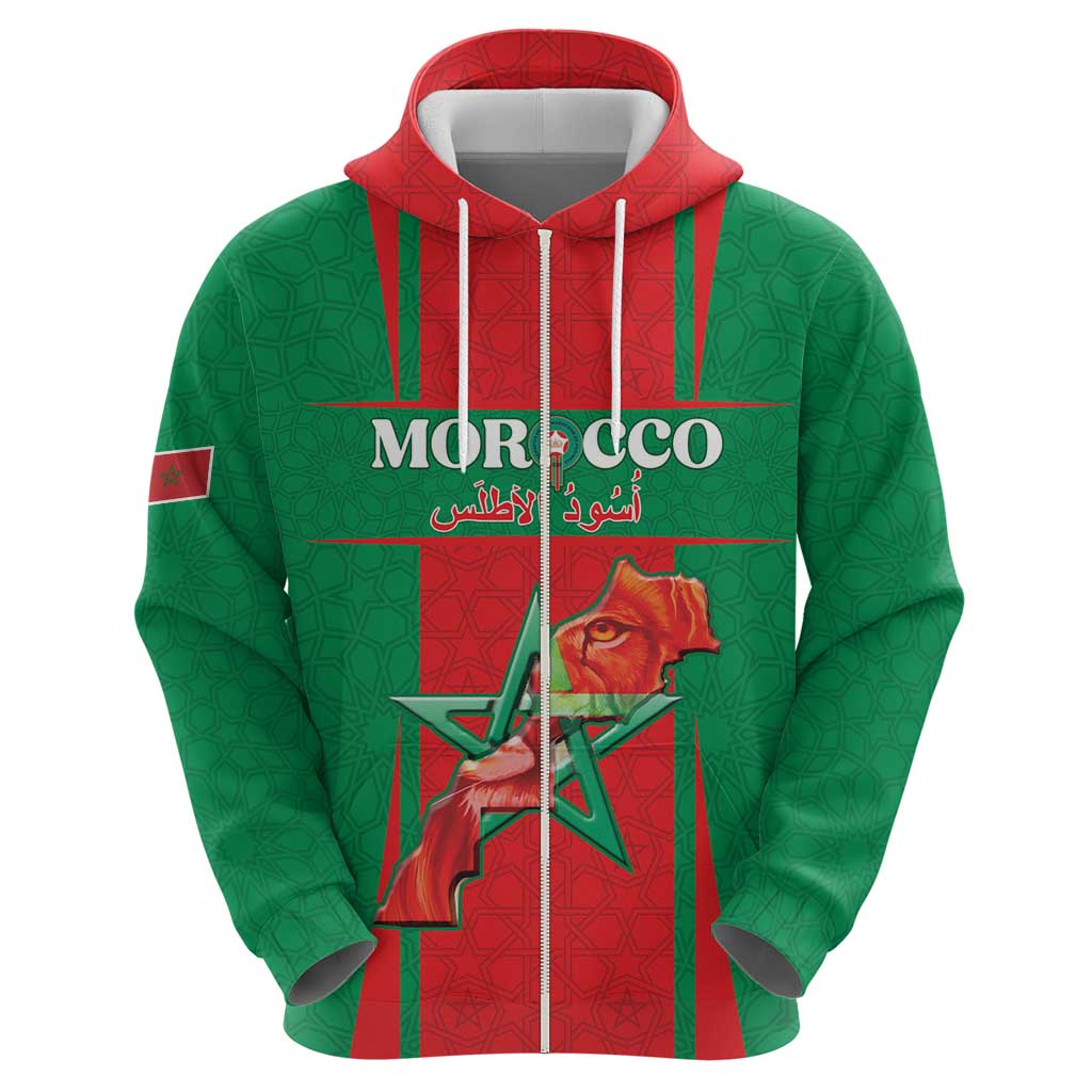 Custom Morocco Football Zip Hoodie Go Champions Atlas Lions - Red - Wonder Print Shop