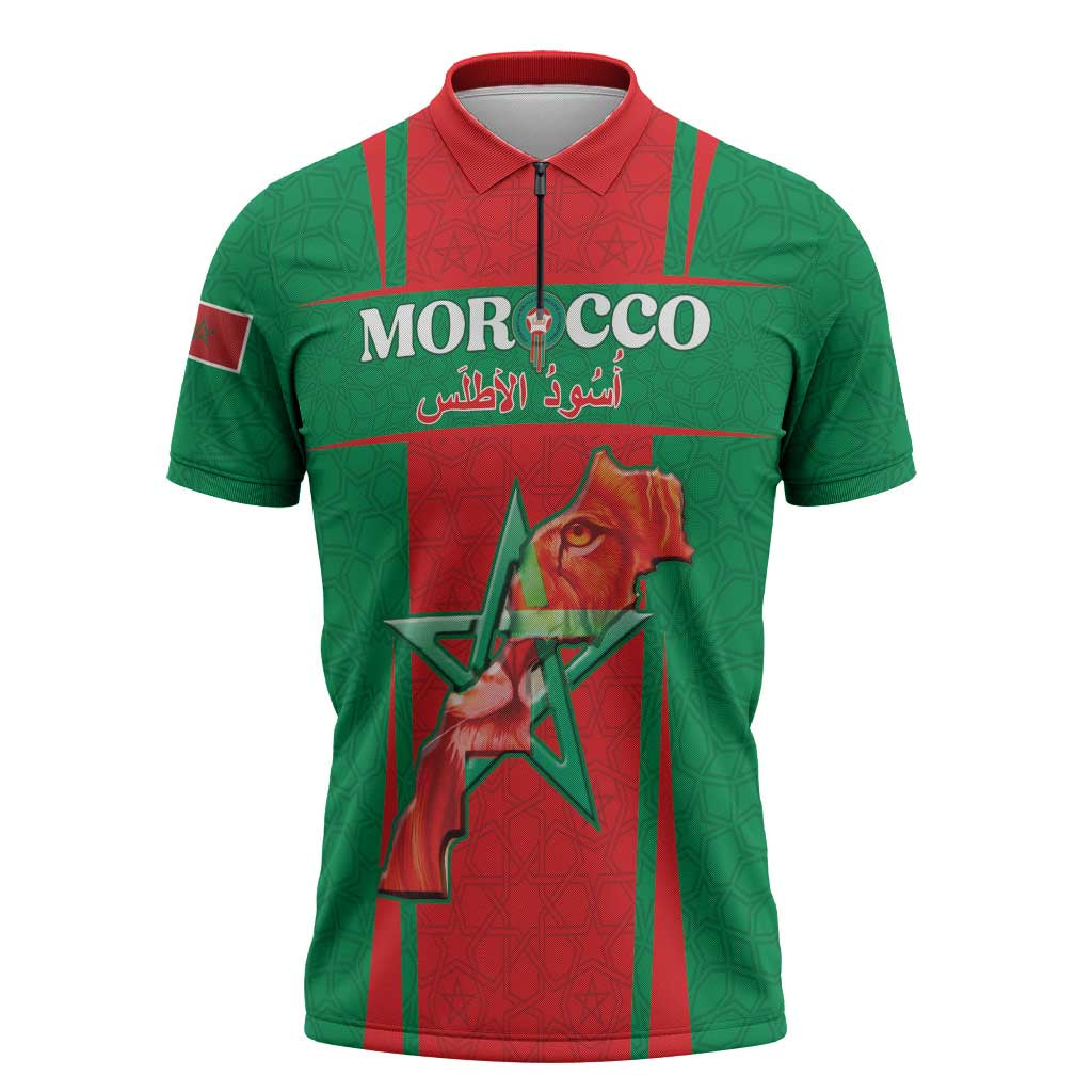 Custom Morocco Football Zipper Polo Shirt Go Champions Atlas Lions - Red - Wonder Print Shop