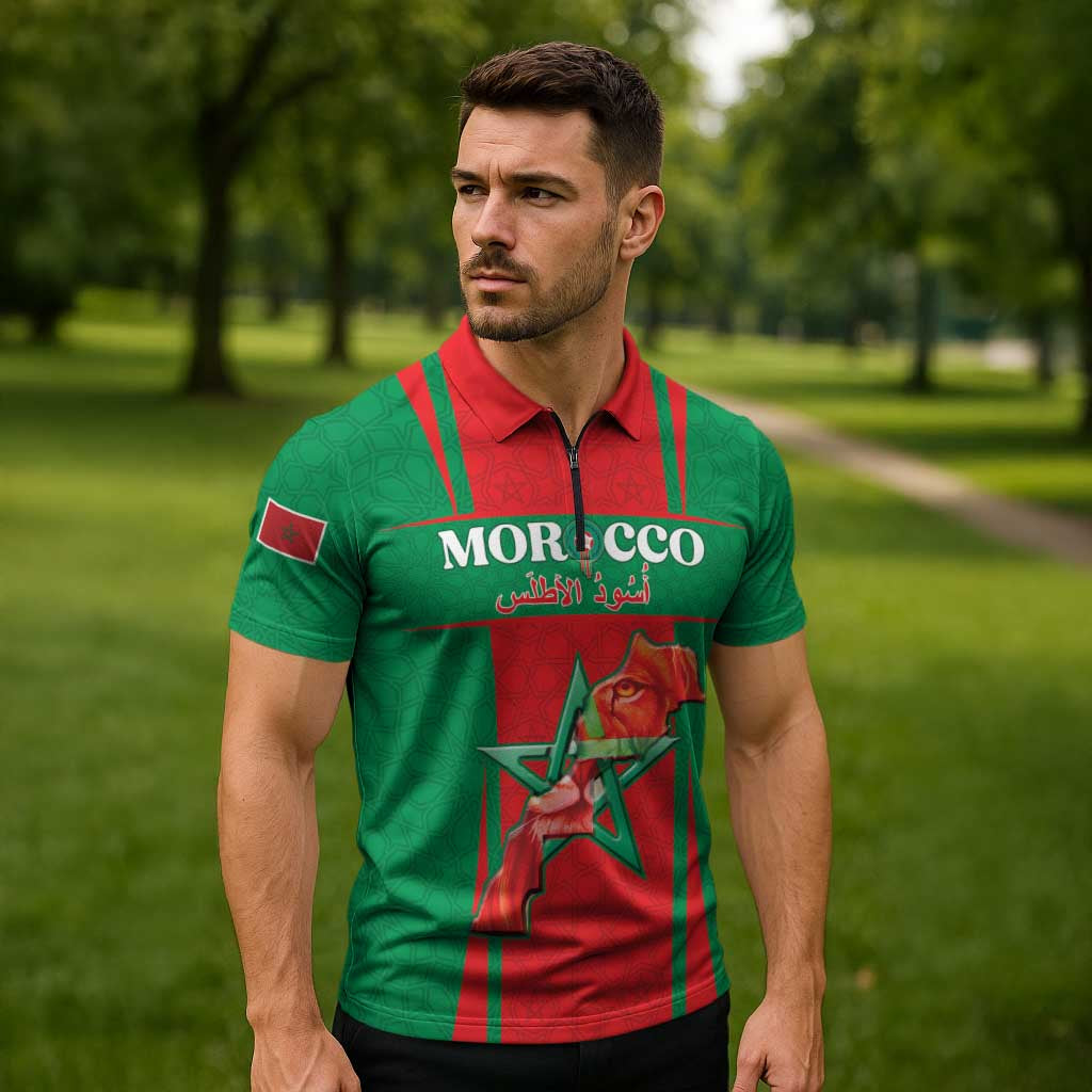 Custom Morocco Football Zipper Polo Shirt Go Champions Atlas Lions - Red - Wonder Print Shop