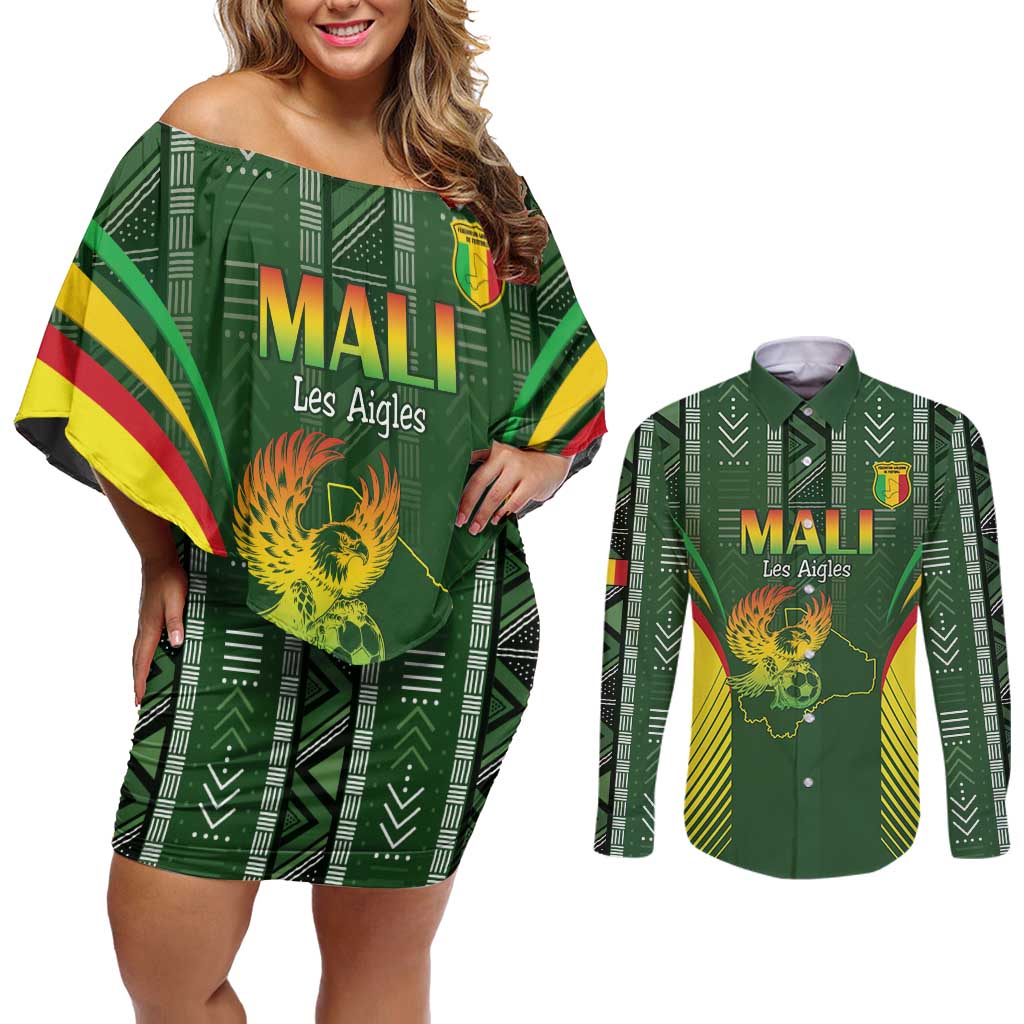 Custom Mali Football Couples Matching Off Shoulder Short Dress and Long Sleeve Button Shirt Go Champions Les Aigles - Wonder Print Shop