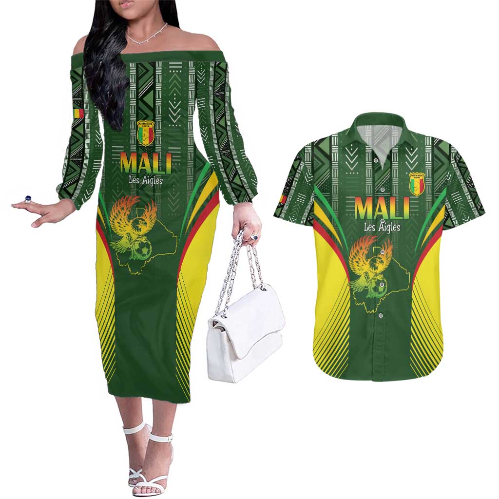 Custom Mali Football Couples Matching Off The Shoulder Long Sleeve Dress and Hawaiian Shirt Go Champions Les Aigles - Wonder Print Shop