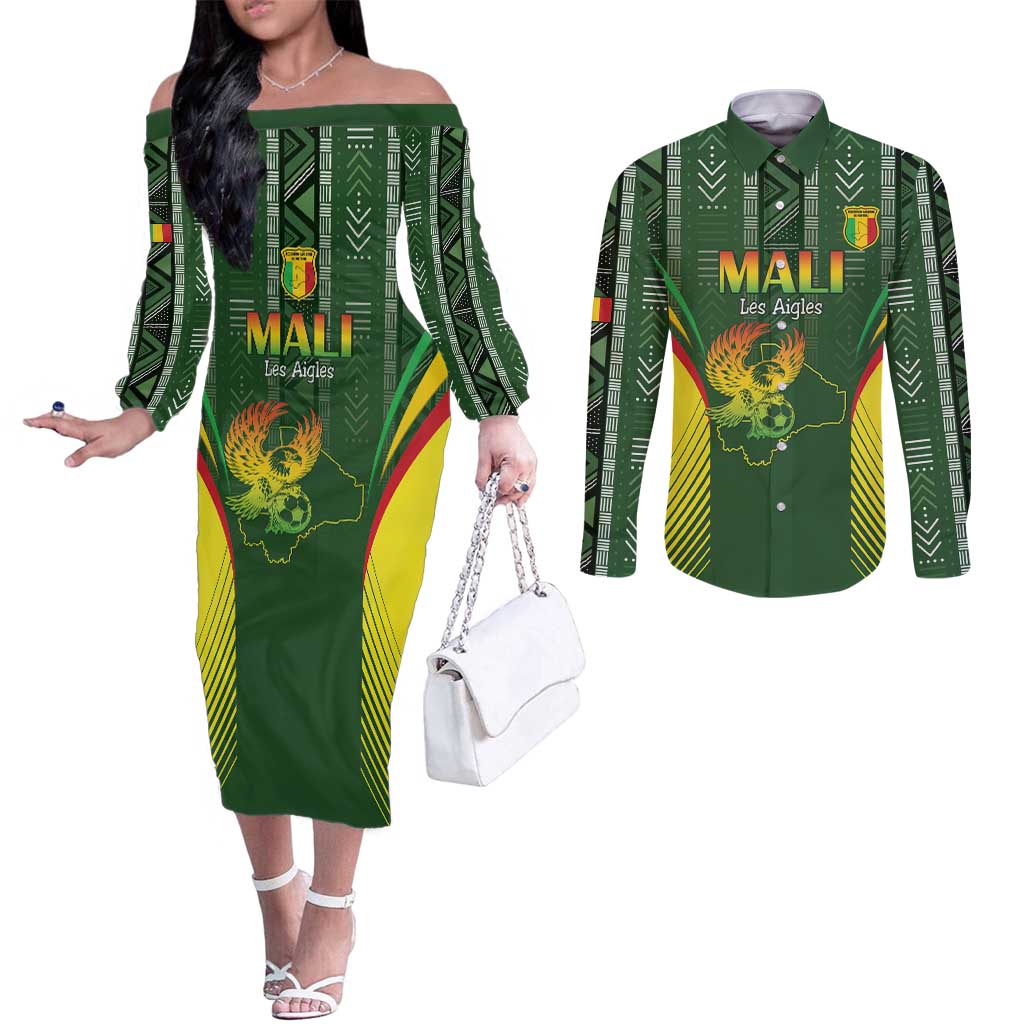 Custom Mali Football Couples Matching Off The Shoulder Long Sleeve Dress and Long Sleeve Button Shirt Go Champions Les Aigles - Wonder Print Shop