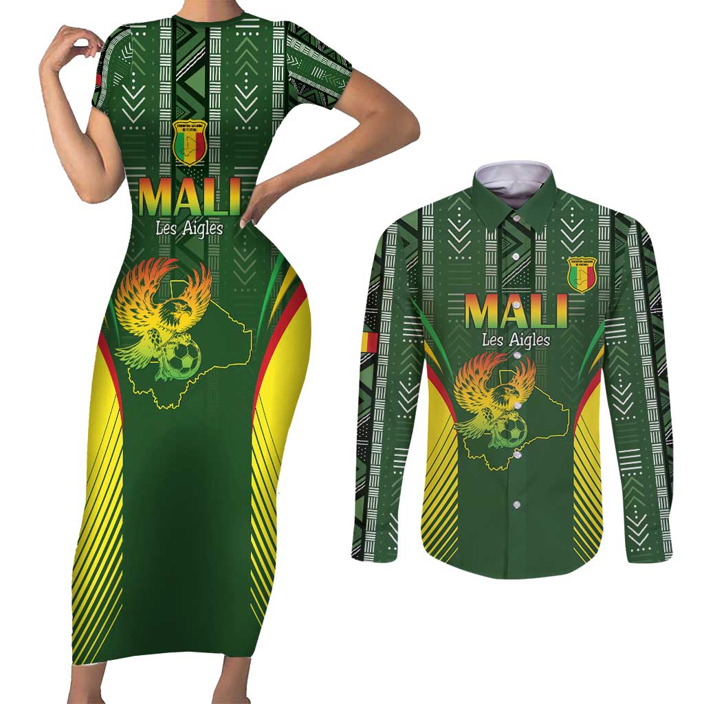 Custom Mali Football Couples Matching Short Sleeve Bodycon Dress and Long Sleeve Button Shirt Go Champions Les Aigles - Wonder Print Shop