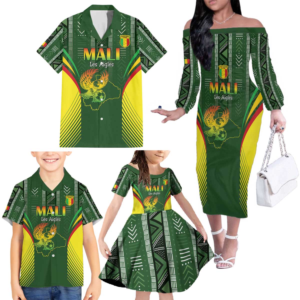 Custom Mali Football Family Matching Off The Shoulder Long Sleeve Dress and Hawaiian Shirt Go Champions Les Aigles - Wonder Print Shop