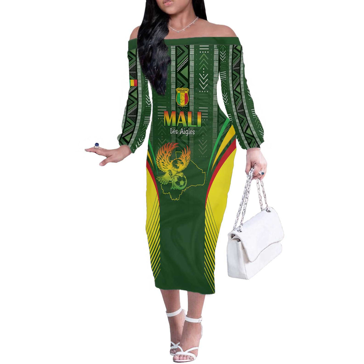 Custom Mali Football Off The Shoulder Long Sleeve Dress Go Champions Les Aigles - Wonder Print Shop