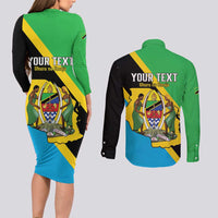 Personalised Tanzania Union Day Couples Matching Long Sleeve Bodycon Dress and Long Sleeve Button Shirt Coat Of Arms With Map