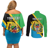 Personalised Tanzania Union Day Couples Matching Off Shoulder Short Dress and Long Sleeve Button Shirt Coat Of Arms With Map