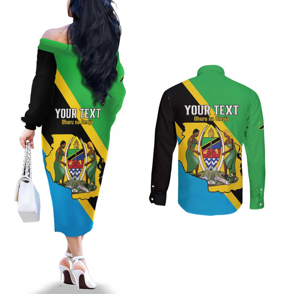 Personalised Tanzania Union Day Couples Matching Off The Shoulder Long Sleeve Dress and Long Sleeve Button Shirt Coat Of Arms With Map