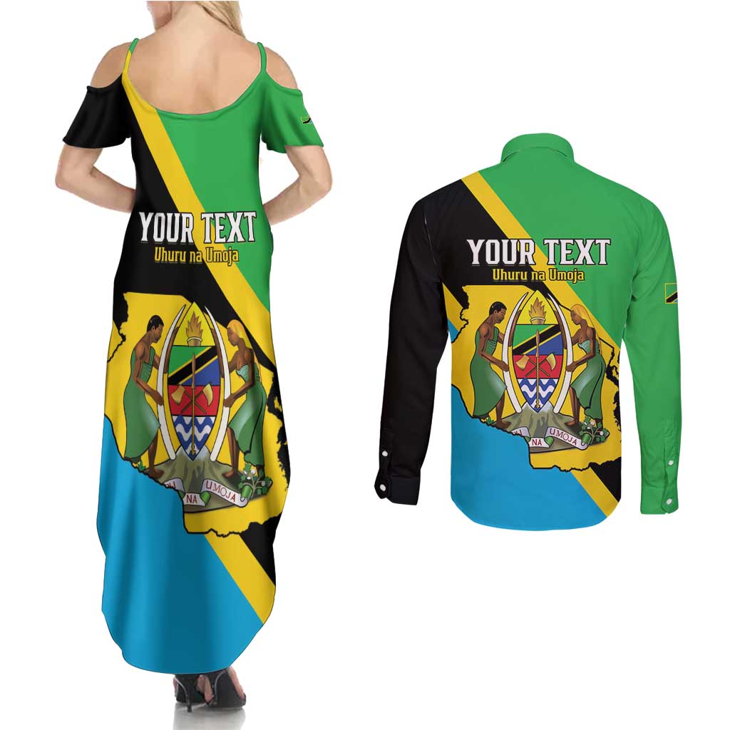 Personalised Tanzania Union Day Couples Matching Summer Maxi Dress and Long Sleeve Button Shirt Coat Of Arms With Map