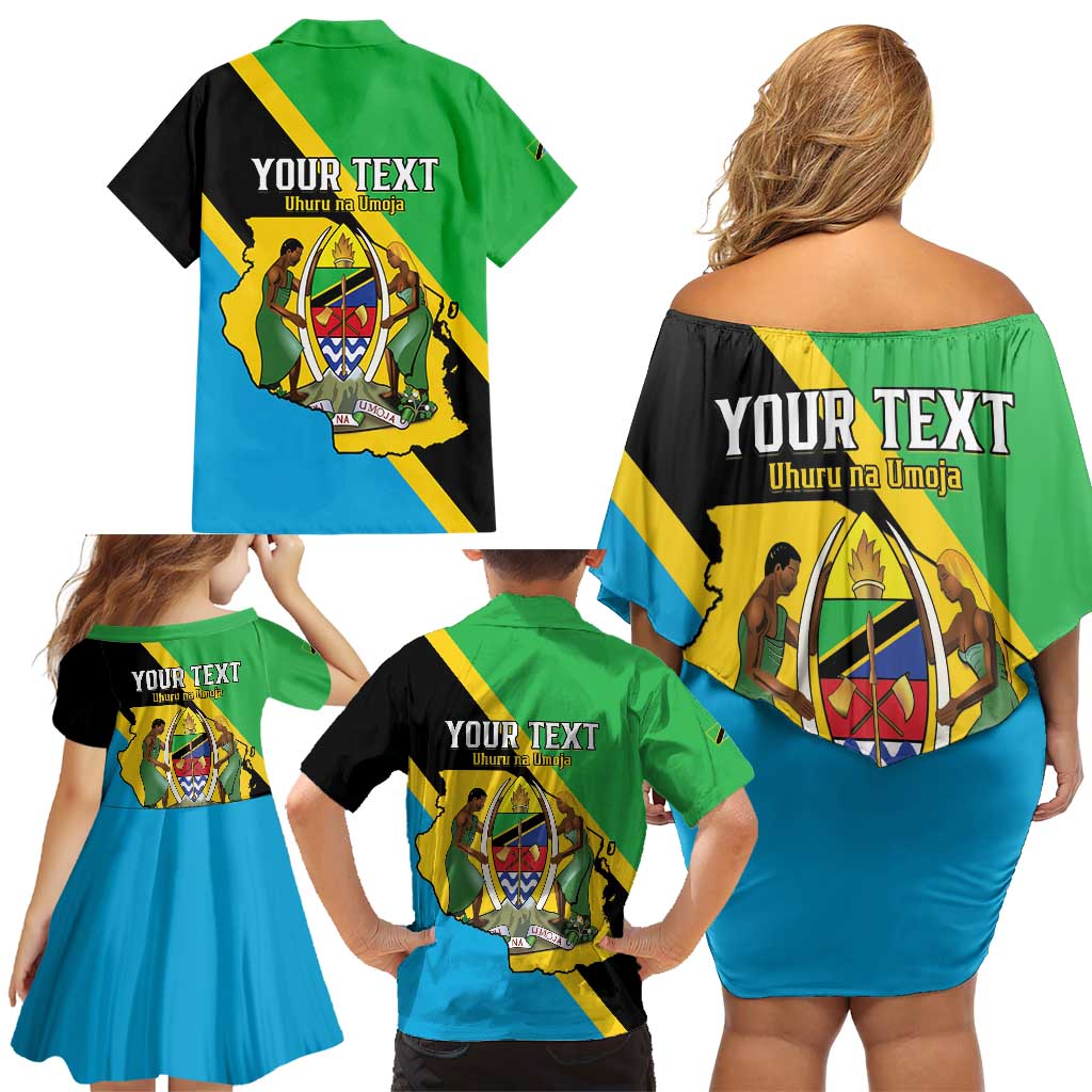 Personalised Tanzania Union Day Family Matching Off Shoulder Short Dress and Hawaiian Shirt Coat Of Arms With Map