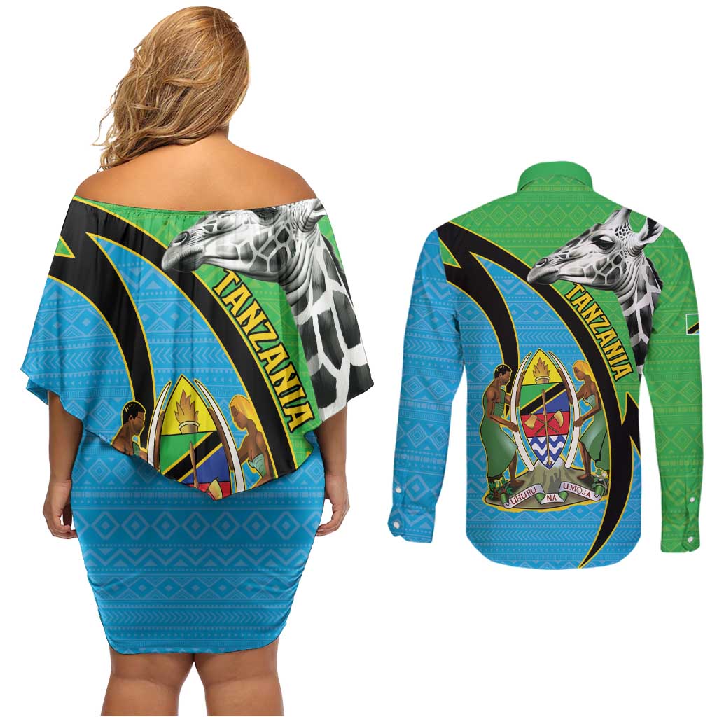 Tanzania Giraffe Couples Matching Off Shoulder Short Dress and Long Sleeve Button Shirt Coat Of Arms African Pattern
