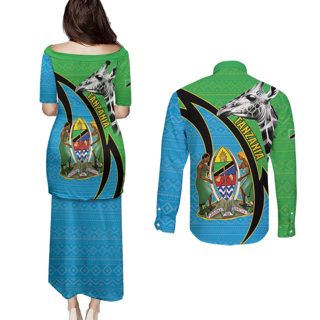 Tanzania Giraffe Couples Matching Puletasi and Long Sleeve Button Shirt Coat Of Arms African Pattern