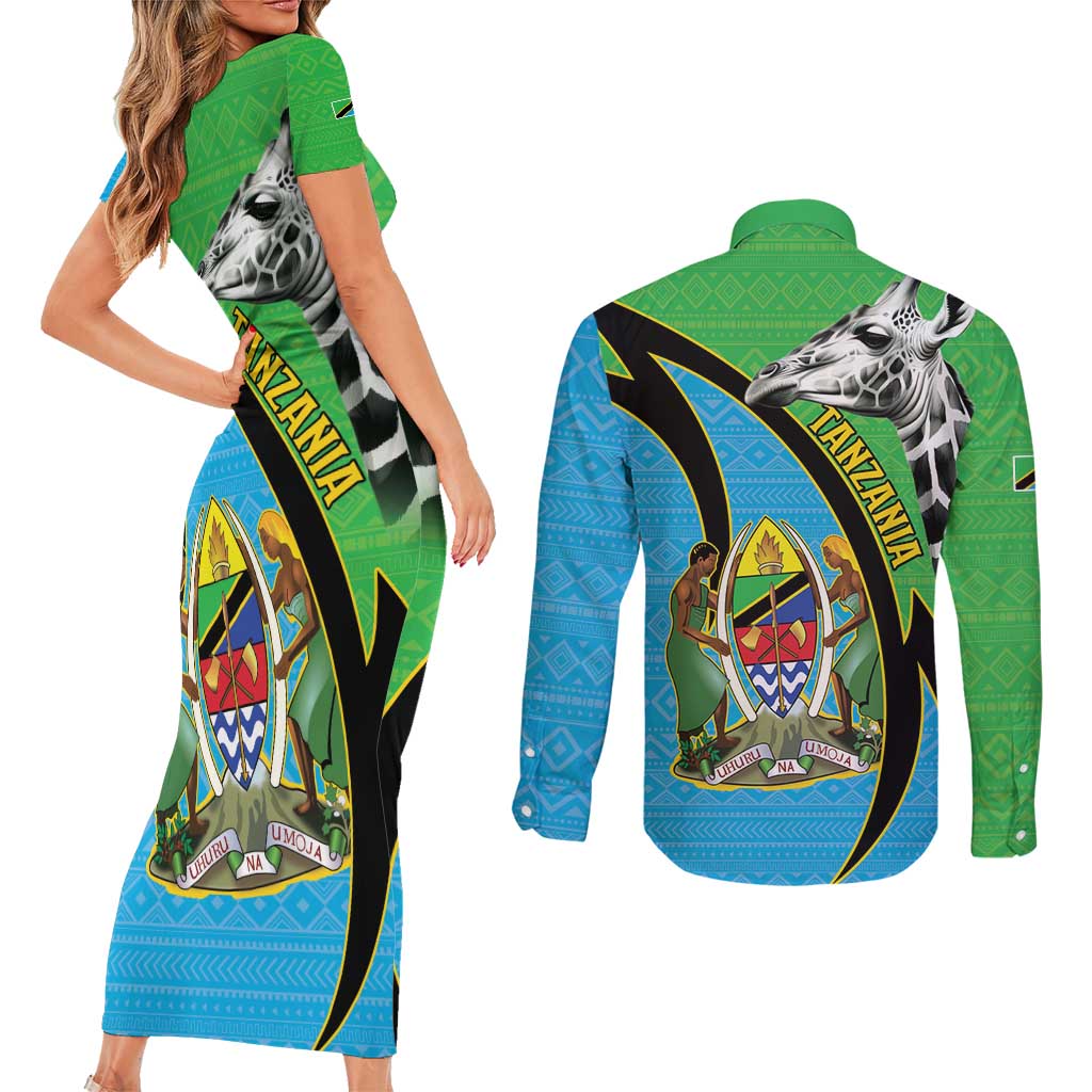 Tanzania Giraffe Couples Matching Short Sleeve Bodycon Dress and Long Sleeve Button Shirt Coat Of Arms African Pattern