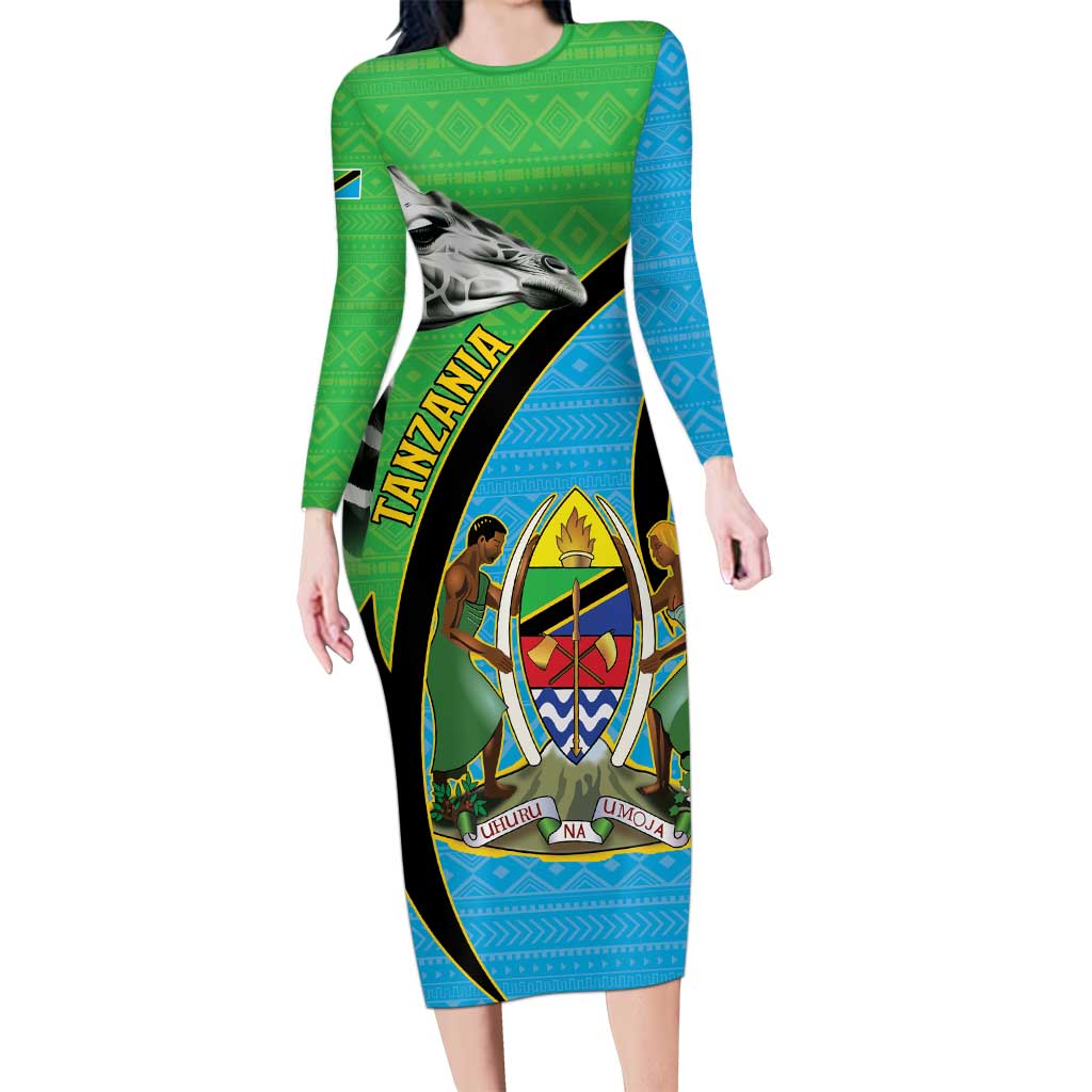 Tanzania Giraffe Family Matching Long Sleeve Bodycon Dress and Hawaiian Shirt Coat Of Arms African Pattern