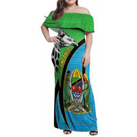 Tanzania Giraffe Family Matching Off Shoulder Maxi Dress and Hawaiian Shirt Coat Of Arms African Pattern