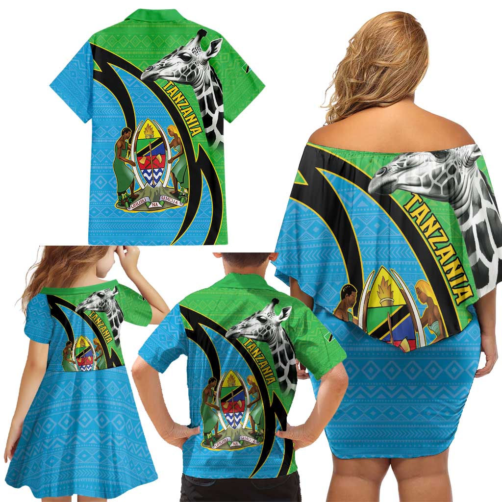 Tanzania Giraffe Family Matching Off Shoulder Short Dress and Hawaiian Shirt Coat Of Arms African Pattern