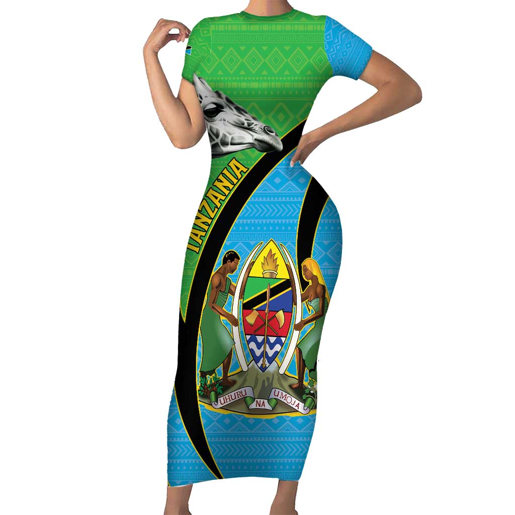 Tanzania Giraffe Family Matching Short Sleeve Bodycon Dress and Hawaiian Shirt Coat Of Arms African Pattern