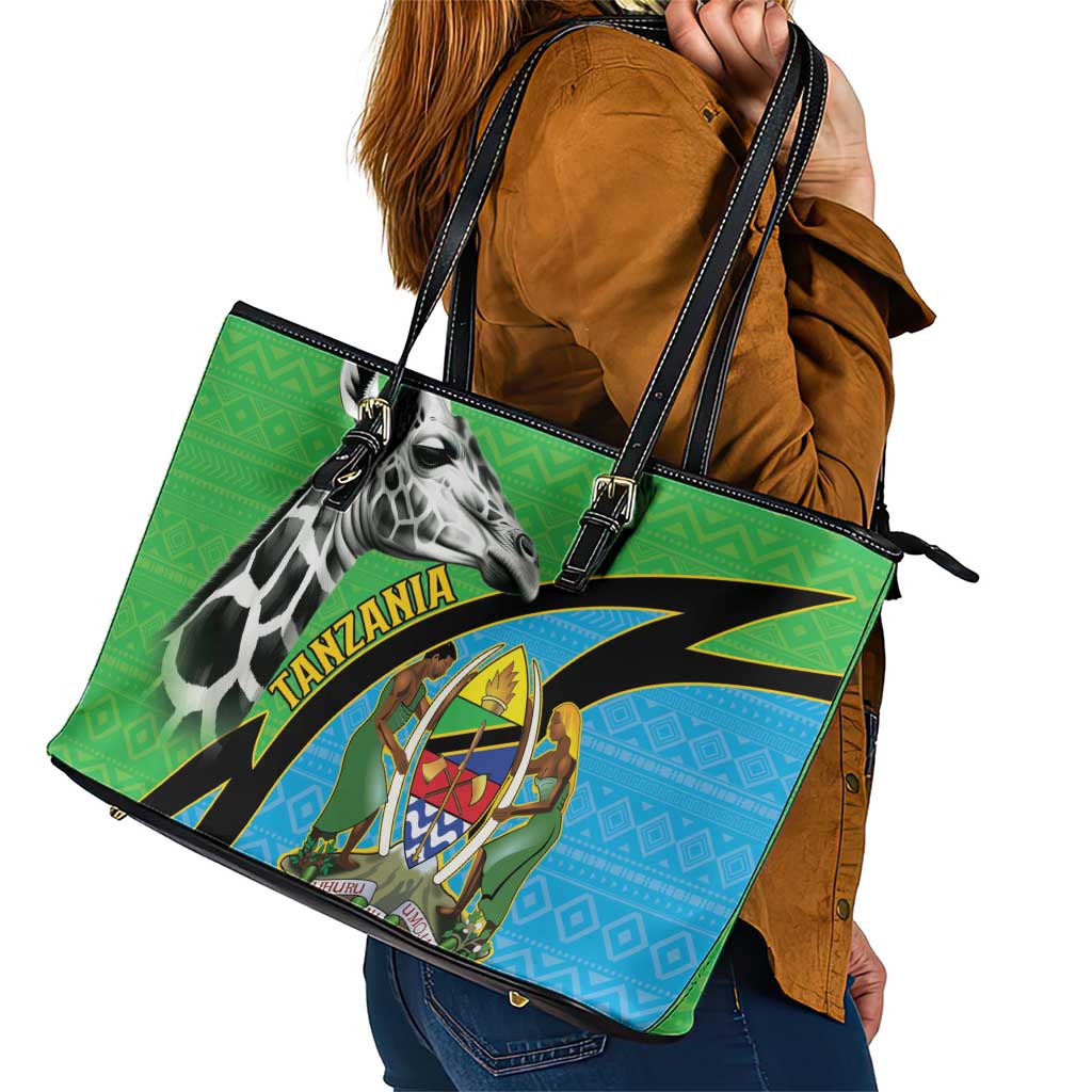 Tanzania Giraffe Leather Tote Bag Coat Of Arms African Pattern