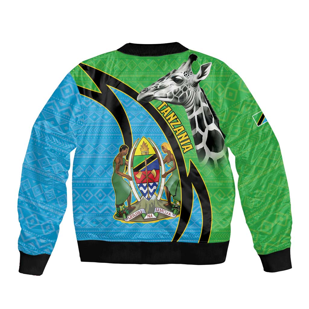 Tanzania Giraffe Sleeve Zip Bomber Jacket Coat Of Arms African Pattern