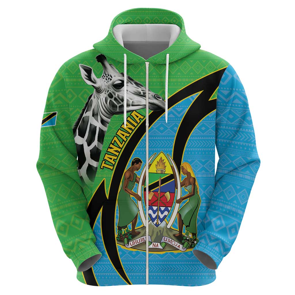 Tanzania Giraffe Zip Hoodie Coat Of Arms African Pattern