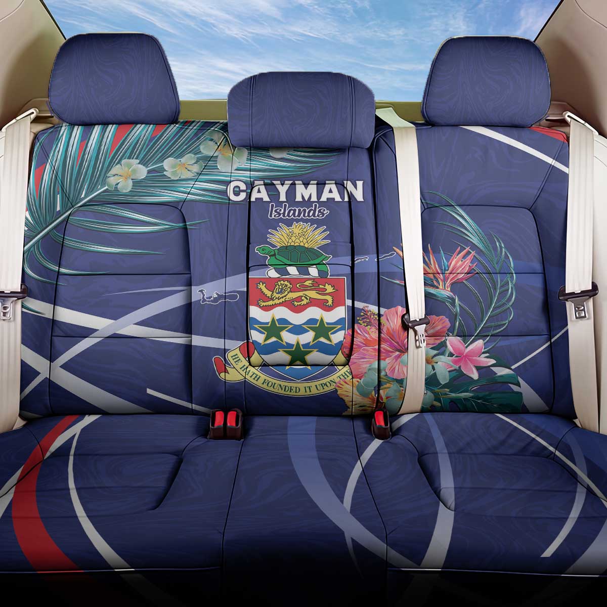 Personalized Cayman Islands Back Car Seat Cover Coat Of Arms Tropical Flowers
