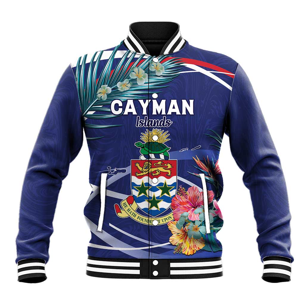 Personalized Cayman Islands Baseball Jacket Coat Of Arms Tropical Flowers