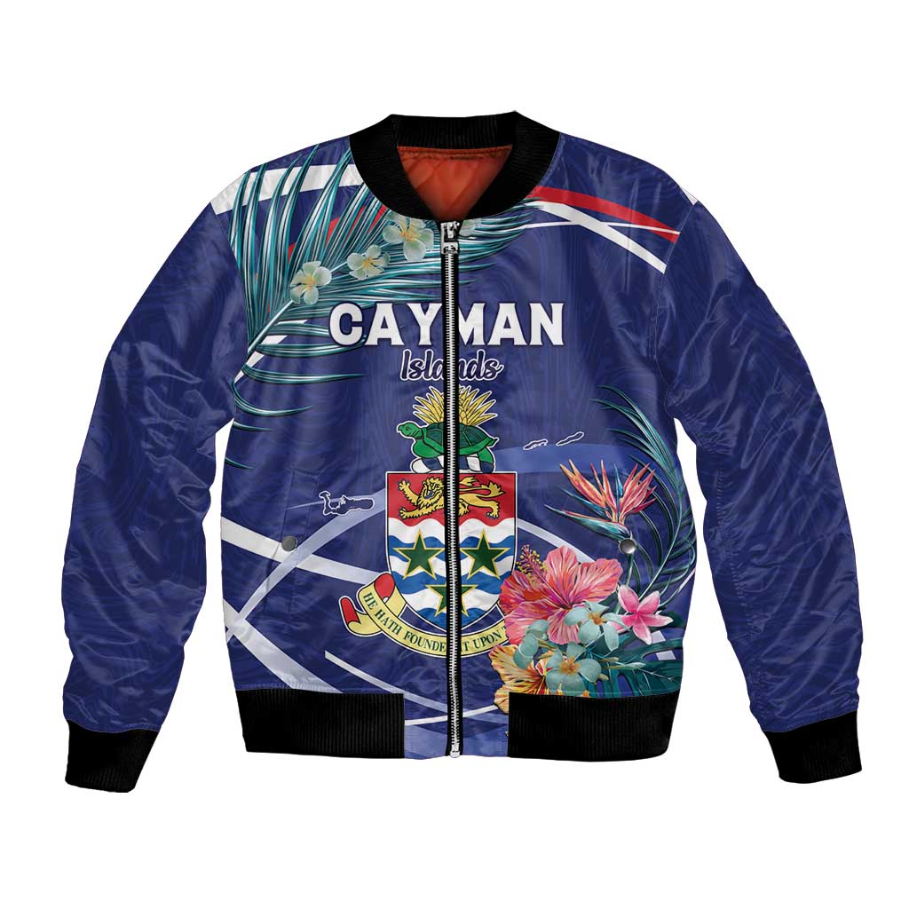 Personalized Cayman Islands Bomber Jacket Coat Of Arms Tropical Flowers