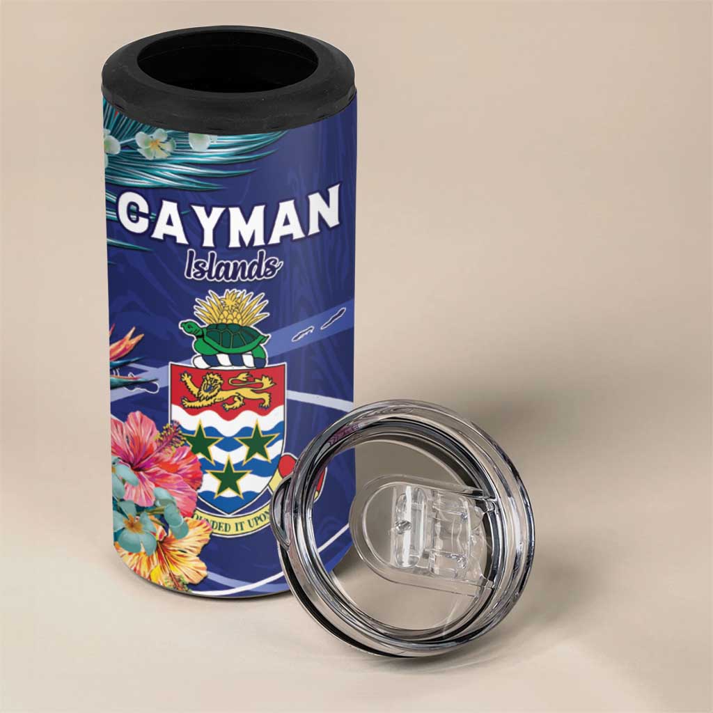 Personalized Cayman Islands 4 in 1 Can Cooler Tumbler Coat Of Arms Tropical Flowers
