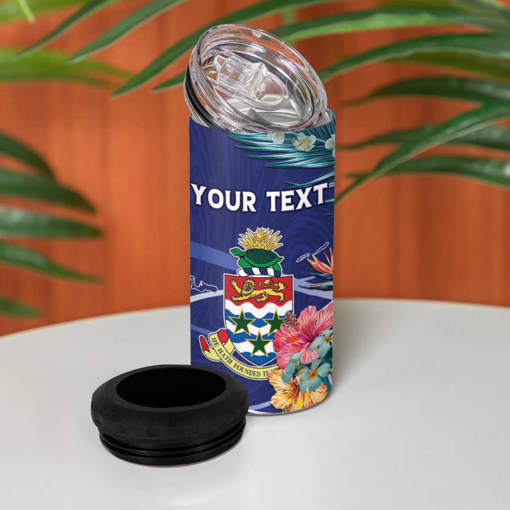 Personalized Cayman Islands 4 in 1 Can Cooler Tumbler Coat Of Arms Tropical Flowers