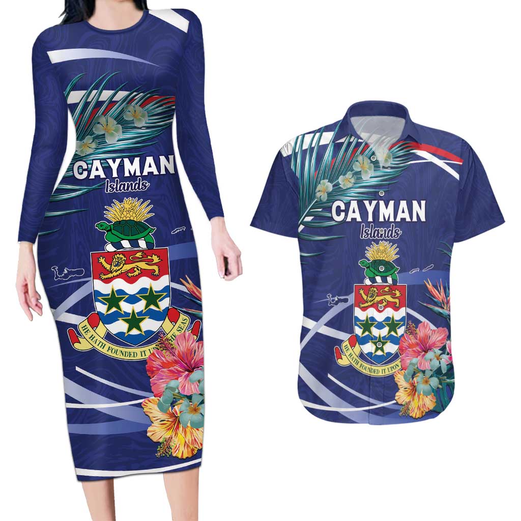 Personalized Cayman Islands Couples Matching Long Sleeve Bodycon Dress and Hawaiian Shirt Coat Of Arms Tropical Flowers