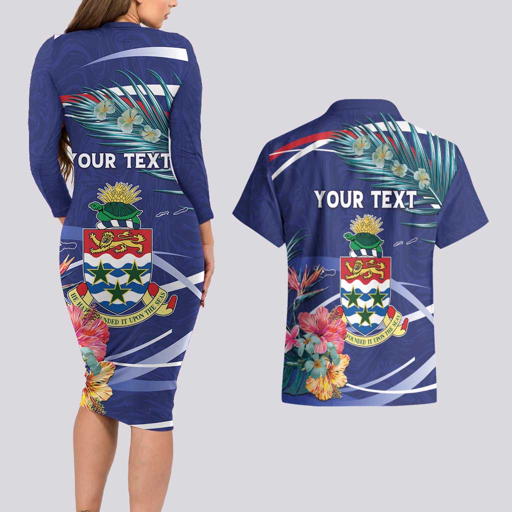 Personalized Cayman Islands Couples Matching Long Sleeve Bodycon Dress and Hawaiian Shirt Coat Of Arms Tropical Flowers
