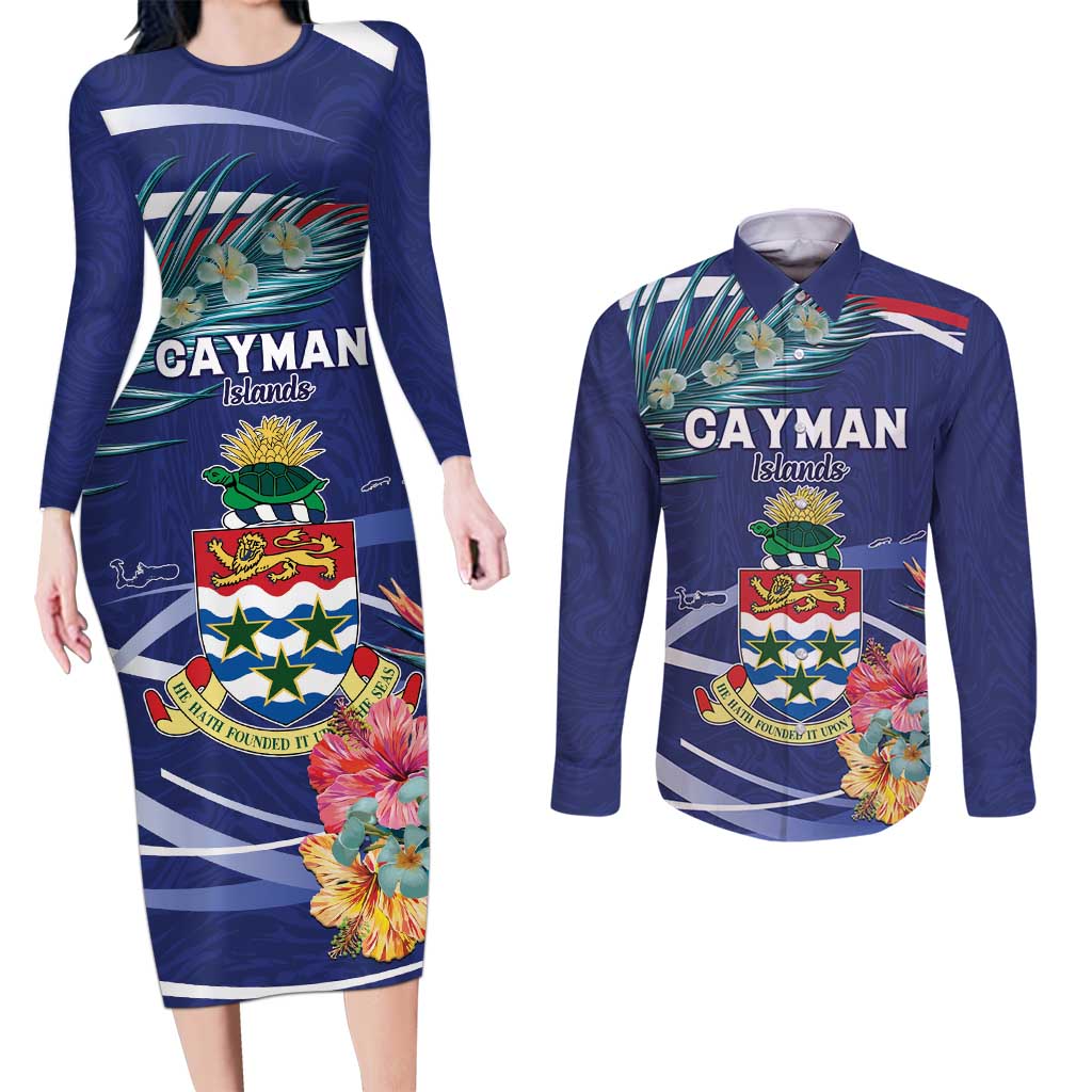Personalized Cayman Islands Couples Matching Long Sleeve Bodycon Dress and Long Sleeve Button Shirt Coat Of Arms Tropical Flowers