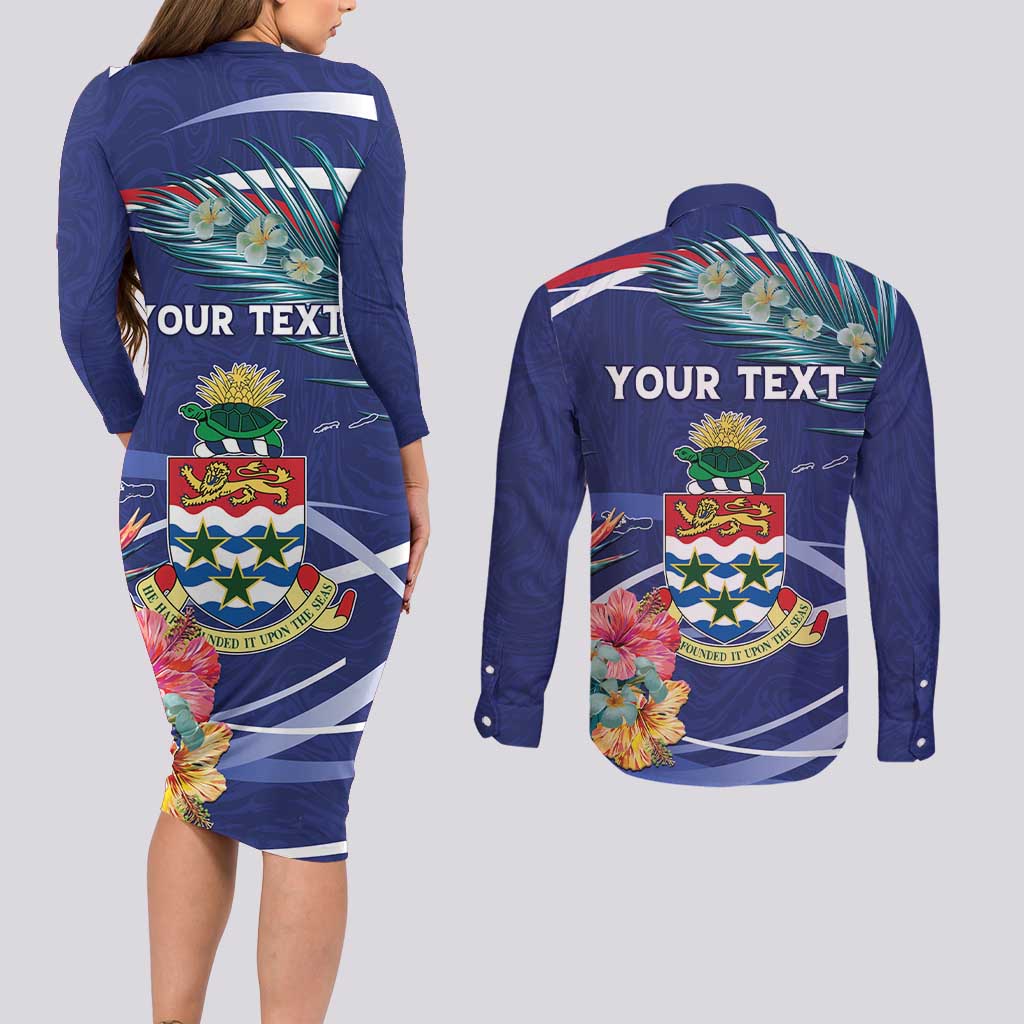 Personalized Cayman Islands Couples Matching Long Sleeve Bodycon Dress and Long Sleeve Button Shirt Coat Of Arms Tropical Flowers