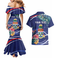 Personalized Cayman Islands Couples Matching Mermaid Dress and Hawaiian Shirt Coat Of Arms Tropical Flowers