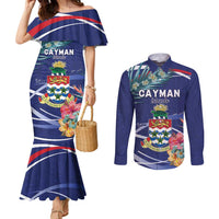 Personalized Cayman Islands Couples Matching Mermaid Dress and Long Sleeve Button Shirt Coat Of Arms Tropical Flowers