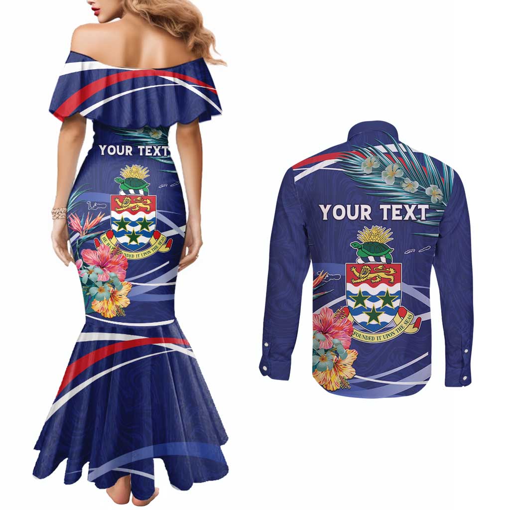 Personalized Cayman Islands Couples Matching Mermaid Dress and Long Sleeve Button Shirt Coat Of Arms Tropical Flowers