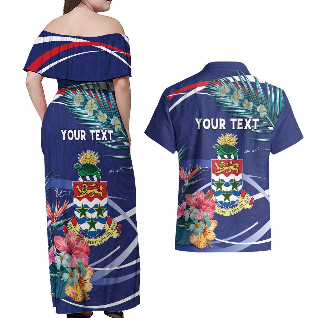 Personalized Cayman Islands Couples Matching Off Shoulder Maxi Dress and Hawaiian Shirt Coat Of Arms Tropical Flowers