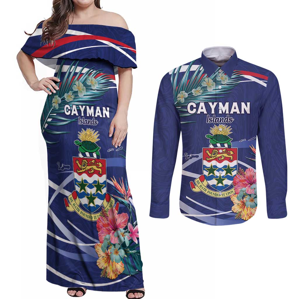 Personalized Cayman Islands Couples Matching Off Shoulder Maxi Dress and Long Sleeve Button Shirt Coat Of Arms Tropical Flowers